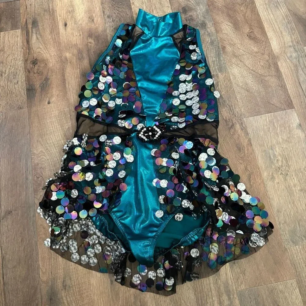 A Wish Come True 21658X XLC Teal Blue Metallic Black Mesh Silver Dance Costume